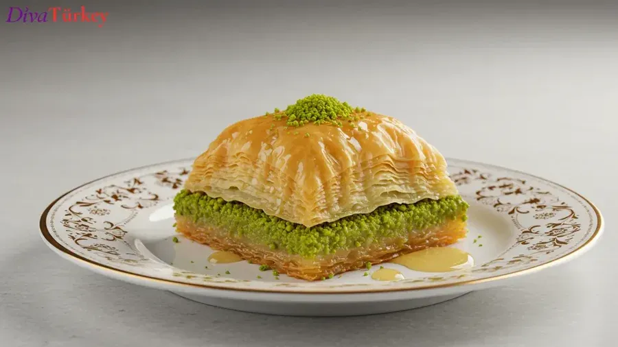 บาคลาวา - ขนมหวานทำจากแป้งฟิลโล่หลายสิบชั้น สอดไส้ถั่วพิสตาชิโอ อบจนสีทอง ราดน้ำเชื่อมหรือน้ำผึ้ง