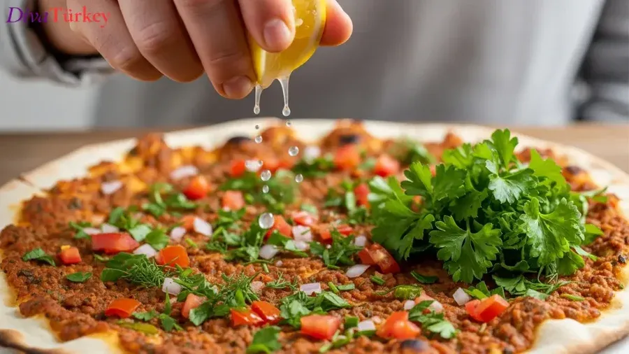 ลาห์มาจุน - แป้งแผ่นกลมบางกรอบ ทาหน้าด้วยเนื้อสับผสมมะเขือเทศและเครื่องเทศ อบในเตาถ่าน