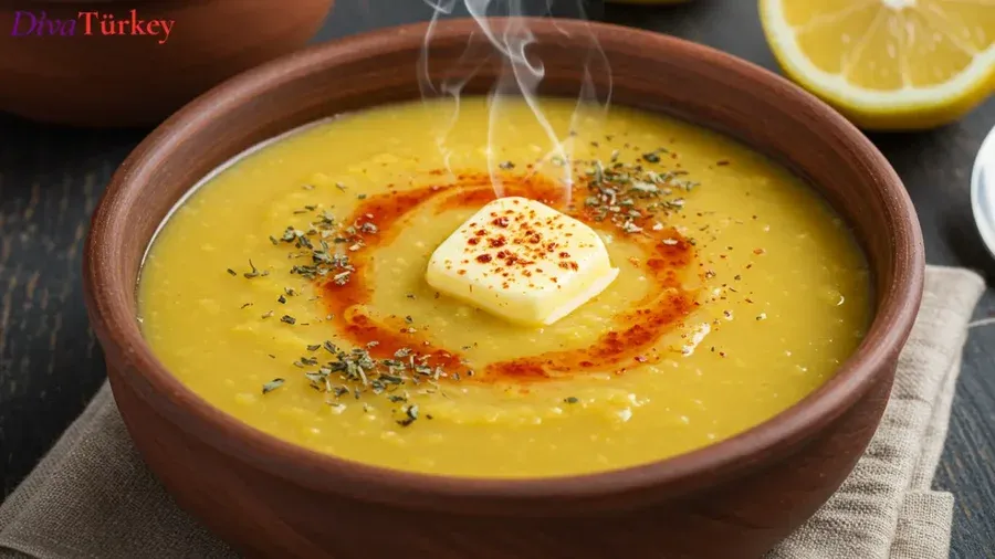 ซุปถั่วเลนทิล - ซุปถั่วเลนทิลสีเหลืองทองเนื้อเนียนนุ่ม ปรุงรสเรียบง่าย บีบมะนาวและโรยพริกป่น