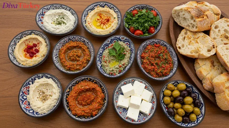 เมเซ่ - ชุดออเดิร์ฟหลากหลายชนิด ฮัมมูส สลัดมะเขือเทศ โยเกิร์ตผสมแตงกวา มะเขือม่วงบด