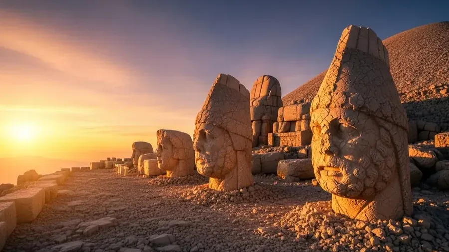 เศียรเทพขนาดยักษ์บนภูเขาเนมรุตยามพระอาทิตย์ขึ้น