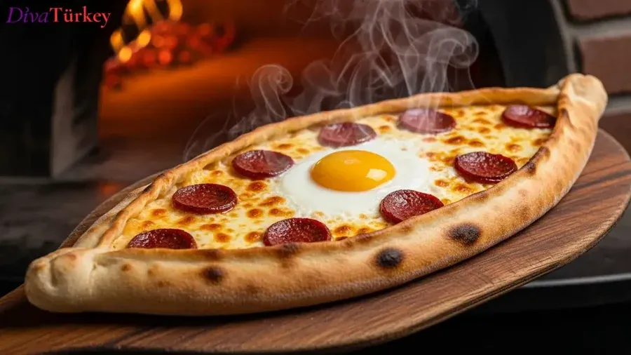 พิเด - แป้งรูปทรงเรืออบในเตาหิน มีหน้าเนื้อสับ ชีส หรือไข่ เรียกว่าพิซซ่าตุรกี